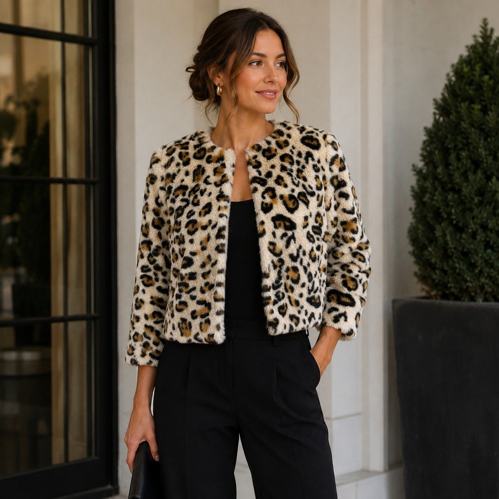 Tacera Leopard Faux Fur Cropped Bolero Jacket Chic Animal Print | Size M